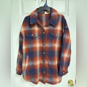 a.n.a Rust & Navy Plaid Shacket Button Front Women’s Size Large